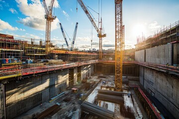 Vibrant sunset over a bustling construction site with multiple cranes and golden light