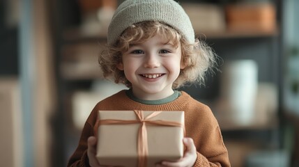 A cheerful child in a cozy setting holds a beautifully wrapped gift, radiating joy and excitement in a warm atmosphere.
