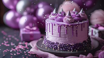 Elegant purple birthday cake with frosting, sprinkles, and matching balloons on dark background. Flat lay composition for birthday party, event marketing, or celebration design