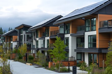 Solar Panels Installed On A Eco-friendly Community In Vancouver, Solar Photography, Solar Powered Clean Energy, Sustainable Resources, Electricity Source, Marketing Advert Solar Installation