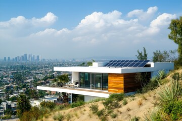 Obraz premium Solar Panels Installed On A Los Angeles Home In Hollywood Hills, Solar Photography, Solar Powered Clean Energy, Sustainable Resources, Electricity Source, Los Angeles Solar Installation