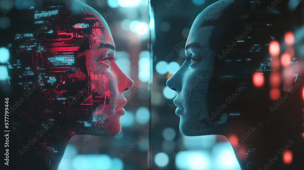 Poster two digital faces composed of circuitry facing each other