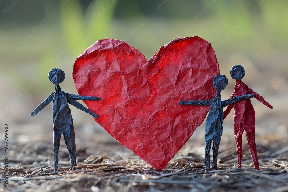 Poster two human shaped figures holding a red crumpled heart symbolizing love connection and vulnerability 