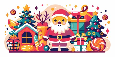 Colorful Santa Claus with gifts and Christmas decorations, joyful atmosphere, on a white background