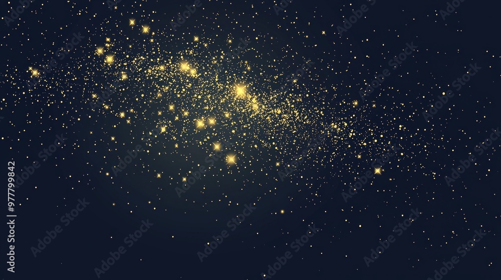 Poster captivating arrangement of golden particles forms a galaxy-like display, with varying brightness cre