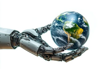 Robot hand gripping earth globe isolated on white background for futuristic imagery