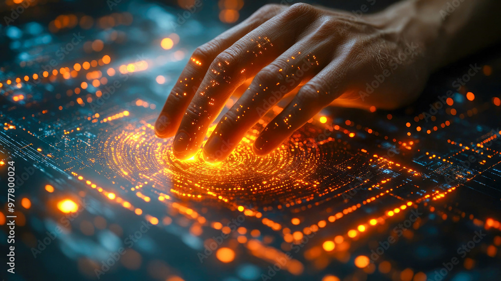 Poster a close-up of a hand interacting with a glowing digital interface, symbolizing technology and data a