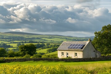 Obraz premium Solar Panels Installed On A Rural Farmhouse In The English Countryside, Solar Photography, Solar Powered Clean Energy, Sustainable Resources, Electricity Source, England Solar Installation