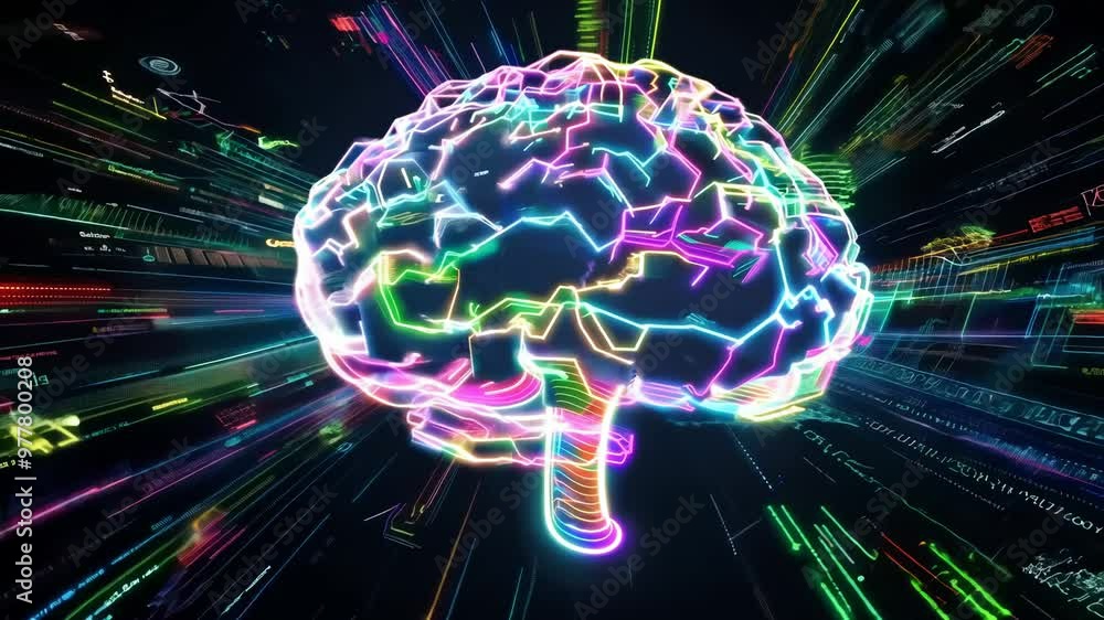 Poster Digital holographic AI brain science concept. Artificial intelligence brain network