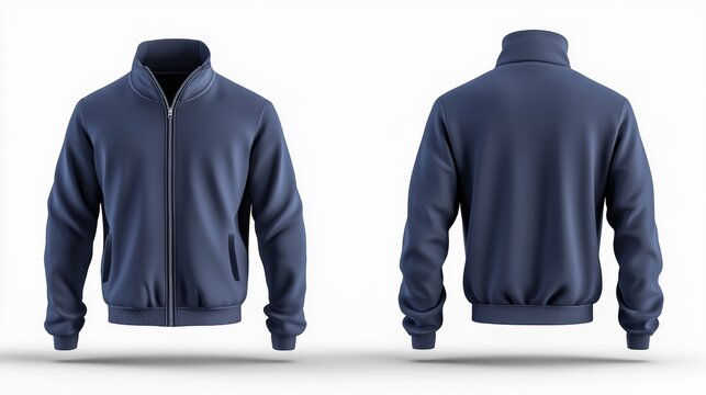 navy blue tracksuit top, jacket design, sportswear, track front, side and back views, 3d illustration, 3d rendering 