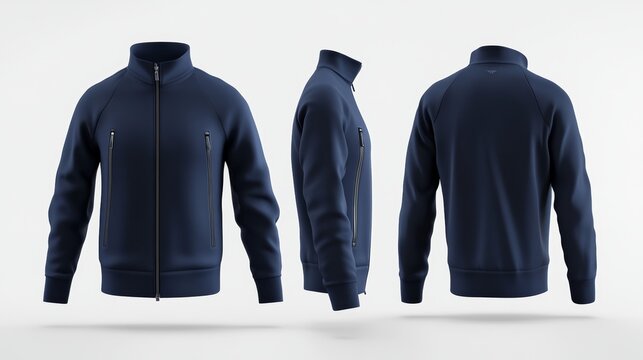 navy blue tracksuit top, jacket design, sportswear, track front, side and back views, 3d illustration, 3d rendering 