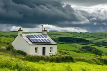 Solar Panels Installed On A Small Rural Cottage In Ireland, Solar Photography, Solar Powered Clean Energy, Sustainable Resources, Electricity Source, Ireland Solar Installation