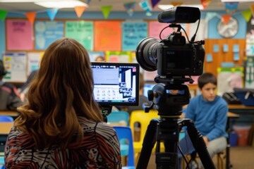 Dedicated Teacher Interviewed for a World Teachers Day Documentary in a Decorated Classroom