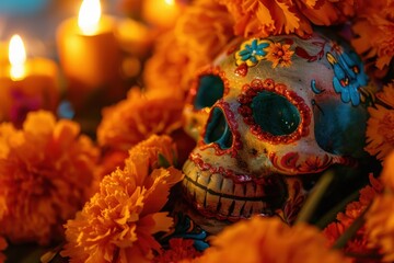 Handcrafted Día de los Muertos Sugar Skull with Marigolds and Candles in Warm Candlelight