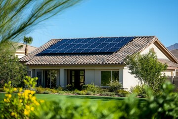 Fototapeta premium Modern Solar Panels Installed On A Phoenix Home, Solar Photography, Solar Powered Clean Energy, Sustainable Resources, Electricity Source, Marketing Advert Solar Installation