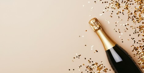Fototapeta premium A champagne bottle surrounded by glitter with copy space, perfect for New Year's celebrations or festive occasions.