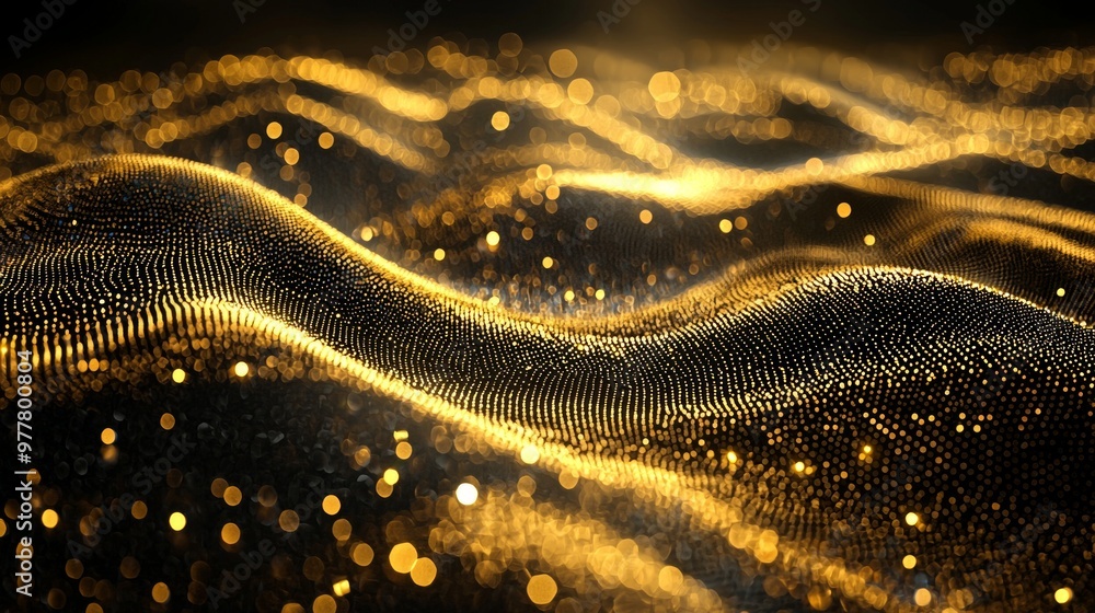 Poster scattered golden particles form a captivating spiral on a dark canvas, reflecting varying intensitie