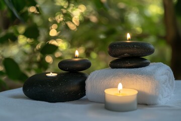 Serene spa setting featuring massage stones, towels, and candles amidst a natural backdrop