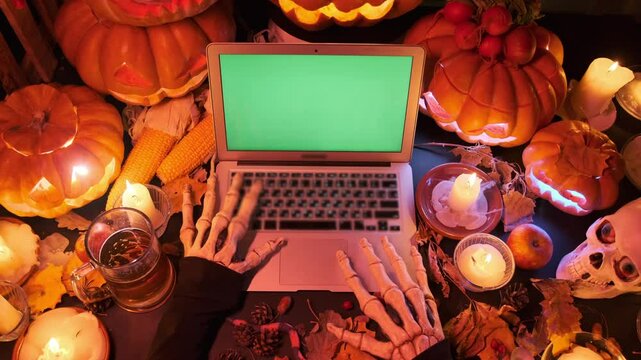Creepy hands typing offers ad promo Halloween at laptop keyboard with chromakey screen with orange glowing pumpkins, candles, skull. Top view.