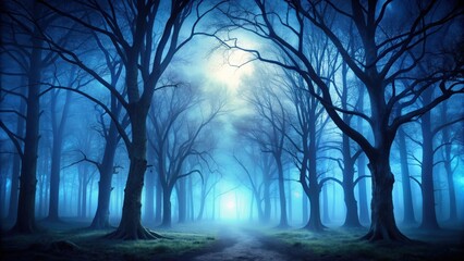 Spooky forest landscape with dark blue hues and eerie tree silhouettes, perfect for Halloween