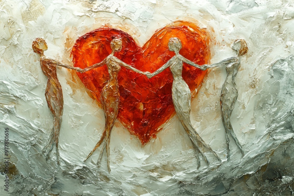 Poster heart shaped glowing figures intertwined with red figures symbolizing love unity and human connectio