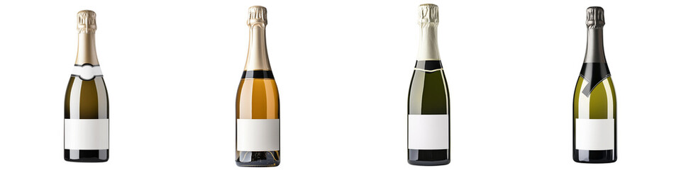 Set of a A bottle of champagne with a white label, isolated on a transparent background.