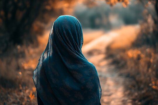 Woman in hijab looking out over a field at sunset, concept of hope, faith, and new beginnings