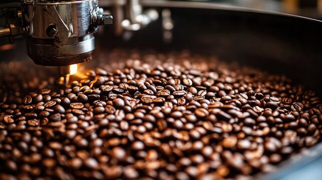 Modern coffee bean roasting machine, Coffee processing, Roastery, roasting machine and fresh beans.