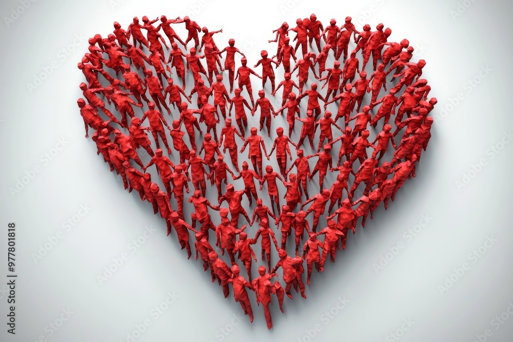 Poster crowd of red figures forming a 3d heart symbolizing unity love and collective strength in a bold and