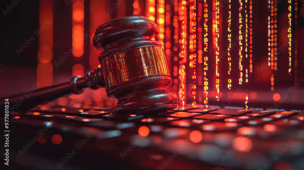 Poster a gavel with binary code symbols, placed on a glowing keyboard, representing cyber law and justice