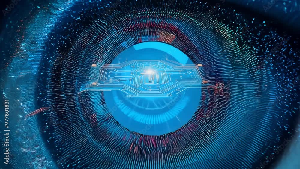 Poster Technology and science concept with cyber eye and circuit board depicting development of artificial intelligence or ai