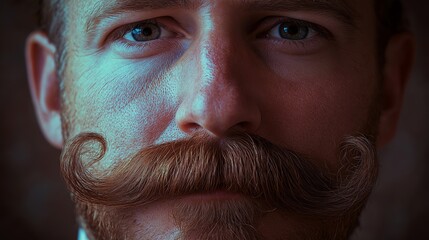 A close-up of a man's thick curled mustache, neatly styled and highlighting his facial features, evoking a vintage, sophisticated, and masculine look
