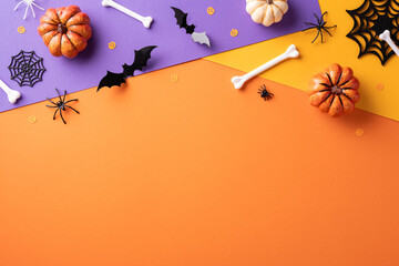 Stylish Halloween background featuring pumpkins, bones, and bats on vibrant colors, perfect for...