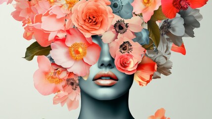 Portrait of a woman with lots of flowers. Abstract trendy art paper collage design.