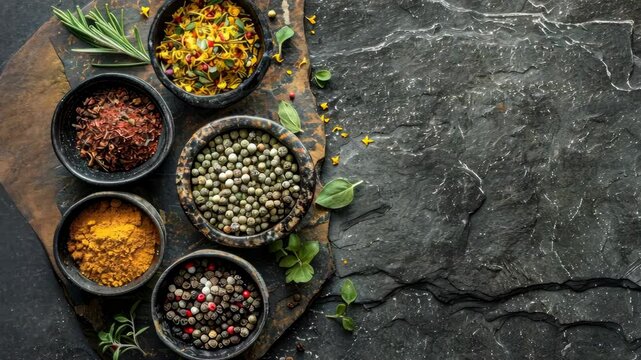 Exploring a diverse collection of spices arranged in bowls on a rustic stone tabletop
