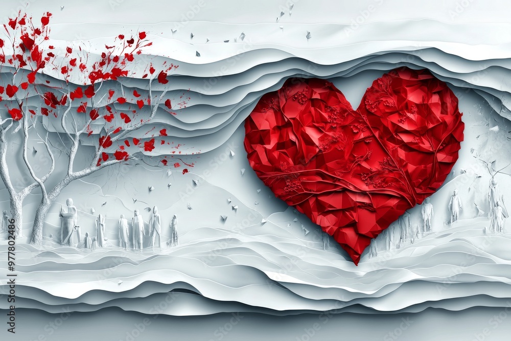 Aufkleber embossed paper figures around a textured heart symbolizing unity love and community in a creative an
