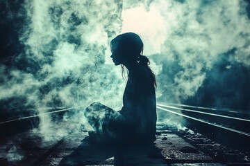 Obraz premium Silhouette of a Woman Sitting on Train Tracks Surrounded by Smoke