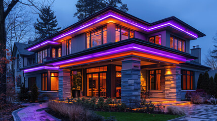 Modern house with colored led lights at night. Backlight, bright neon purple lighting, outdoor home decoration for the holiday.