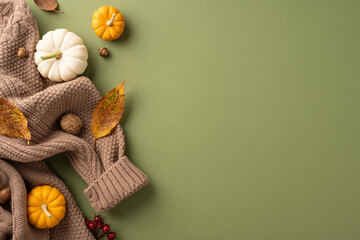 Warm and cozy autumn arrangement featuring small pumpkins, colorful leaves, and a knitted sweater, evoking a sense of comfort and seasonal change