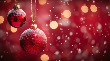 Festive red christmas baubles suspended against a snowy background with bokeh ambiance
