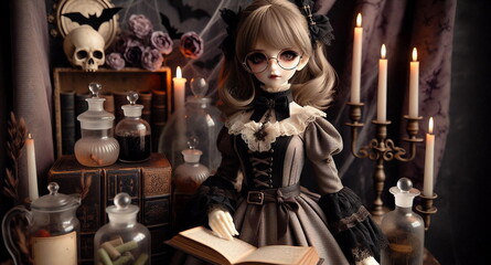 An ooak doll in a gothic lolita dress is seated at a vintage table adorned with candles, skulls, and antique books.


