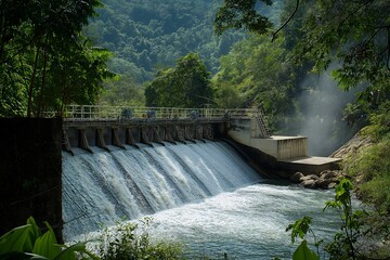 A Hydroelectric Dam Generating Clean Energy, With Water Cascading Down The Spillway And Lush Forests Surrounding The Area, Green Power Generation