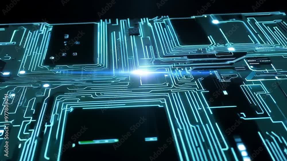 Poster Motherboard with chips transferring network signals. Circuit board concept with calculations on the chip blocks