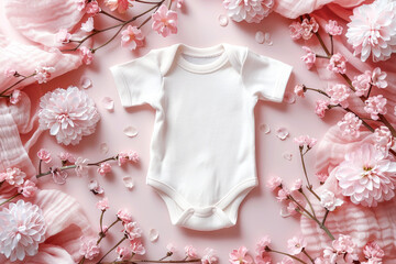 A white baby bodysuit surrounded by pink flowers and soft fabrics on a pink background.