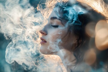 Mystical Double Exposure Portrait with Smoke and Woman