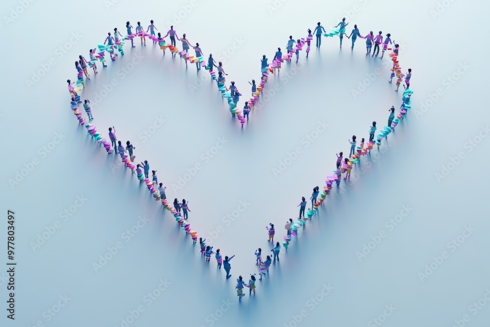 Poster heart shaped formation of tiny figures symbolizing collective strength unity and emotional connectio