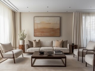 Elegant living room with neutral tones and abstract art