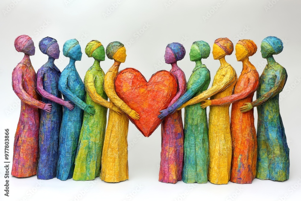 Poster group of colorful figures gathered around a heart symbolizing diversity unity and shared love in a c