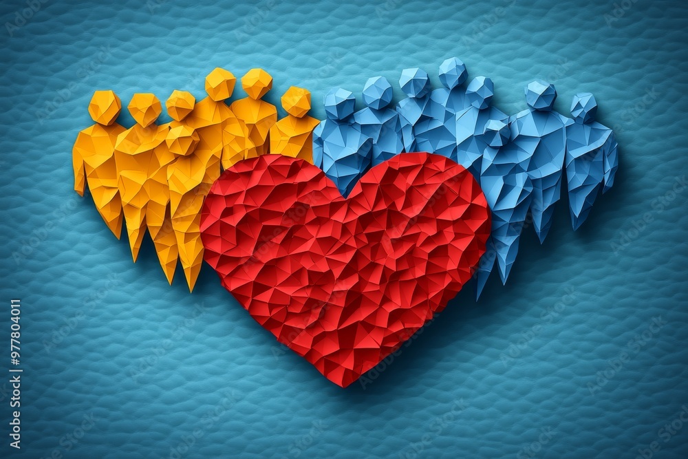 Poster crumpled paper heart split into two halves symbolizing love conflict and resolution in a colorful an