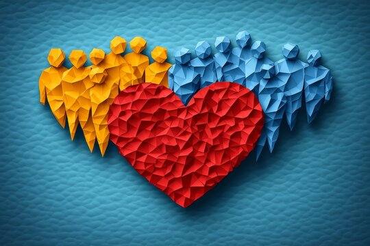Crumpled paper heart split into two halves symbolizing love conflict and resolution in a colorful and symbolic representation of relationships and human connection